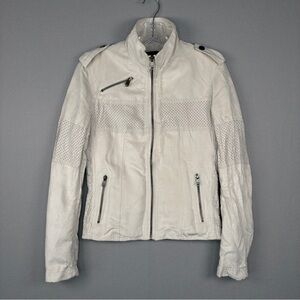 VINTAGE Ellus Perforated Moto Jacket S Off White Crinkled Vegan Suede Casual Y2K